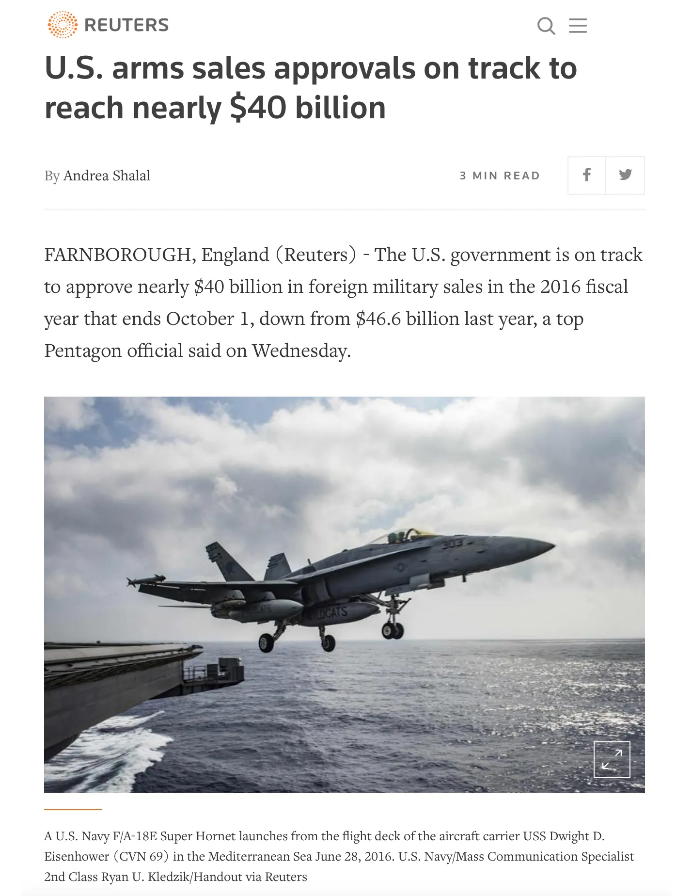 Reuters feature on U.S. arms sales, led by a Ryan Utah photograph of an F/A-18E launching from USS Eisenhower