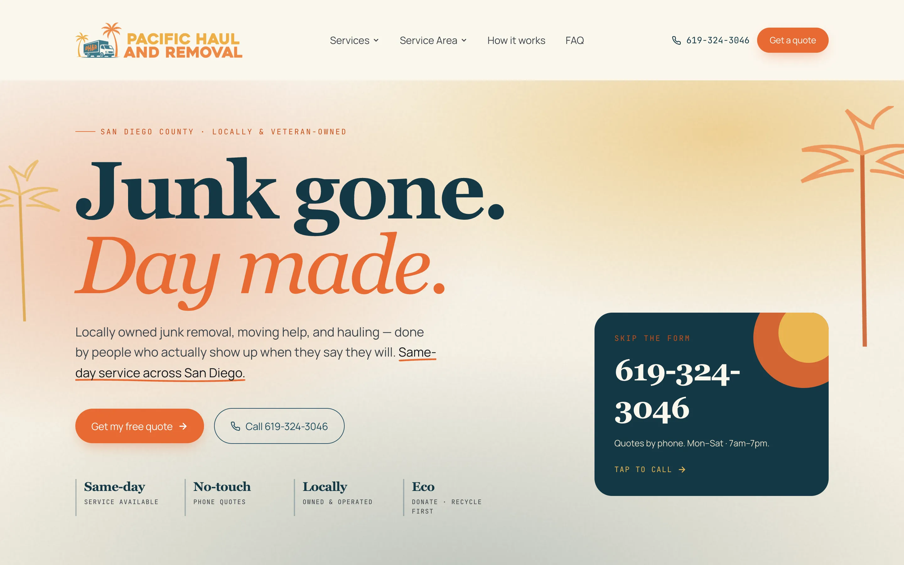 pacifichaulandremoval.com homepage — "Junk gone. Day made." hero with sunset palette