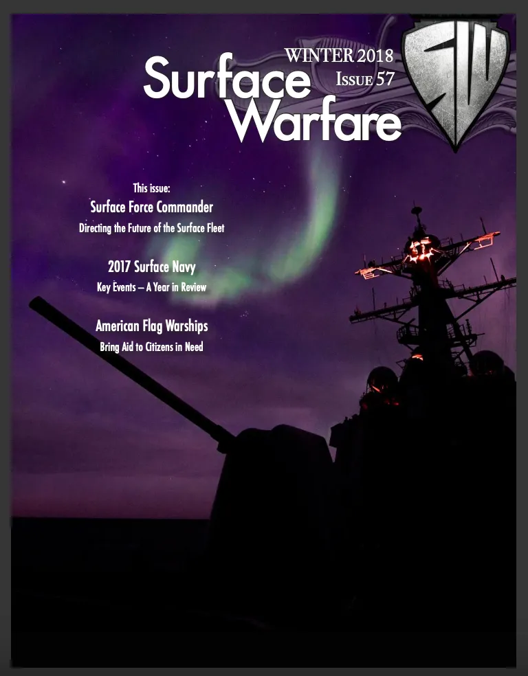 Surface Warfare magazine cover, Winter 2018 — aurora over a destroyer in the Arctic Circle, photographed aboard USS Oscar Austin